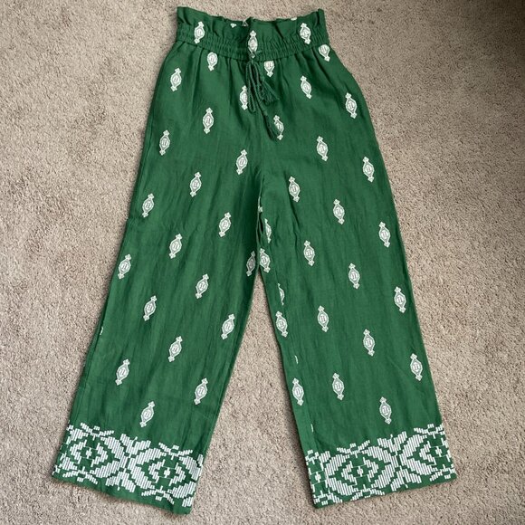 House of Harlow 1960 Pants - House of Harlow 1960 Pants Womens XS Green Linen Embroidered Wide Leg REVOLVE